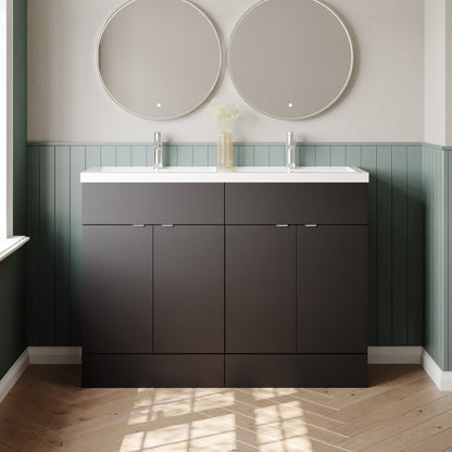 Hudson Reed Fusion 1200mm Gloss Grey Floor Standing 4 Door Vanity Unit with Twin Basin & Soft Close Doors