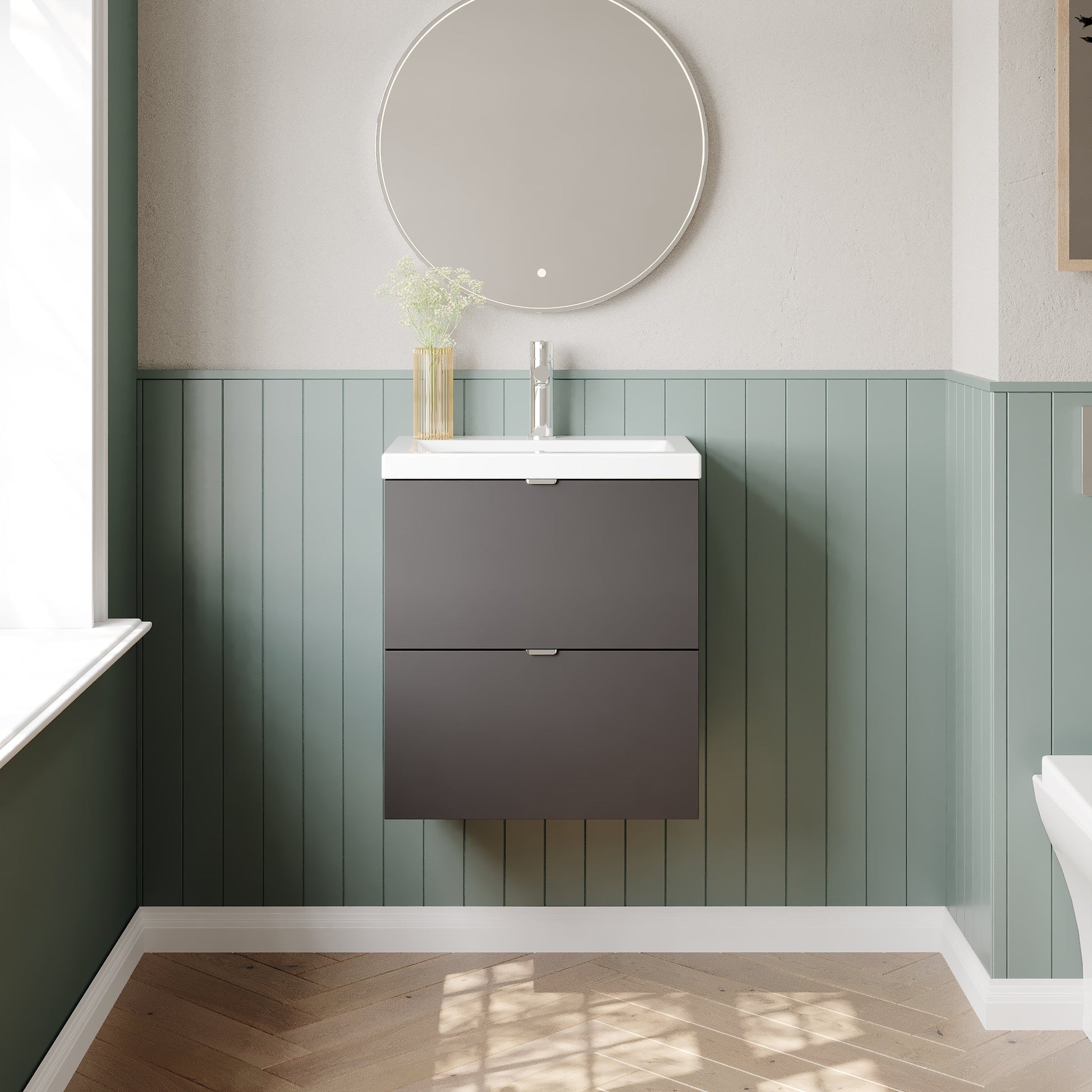 Hudson Reed Fusion 500mm Gloss Grey Wall Hung 2 Drawer Vanity Unit with Ceramic Basin