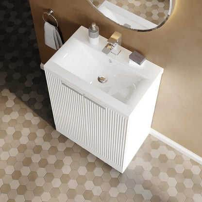 Hudson Reed Fluted 600mm Satin White Floor Standing 2-Door Vanity Unit With Basin
