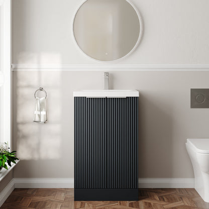 Hudson Reed Fluted 510mm Soft Black Floor Standing 2-Door Vanity Unit With Basin