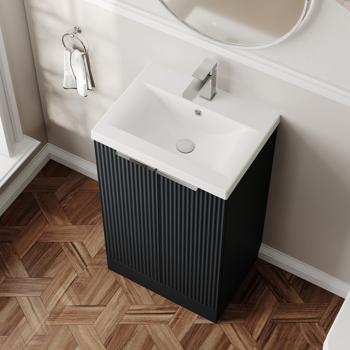 Hudson Reed Fluted 510mm Soft Black Floor Standing 2-Door Vanity Unit With Basin
