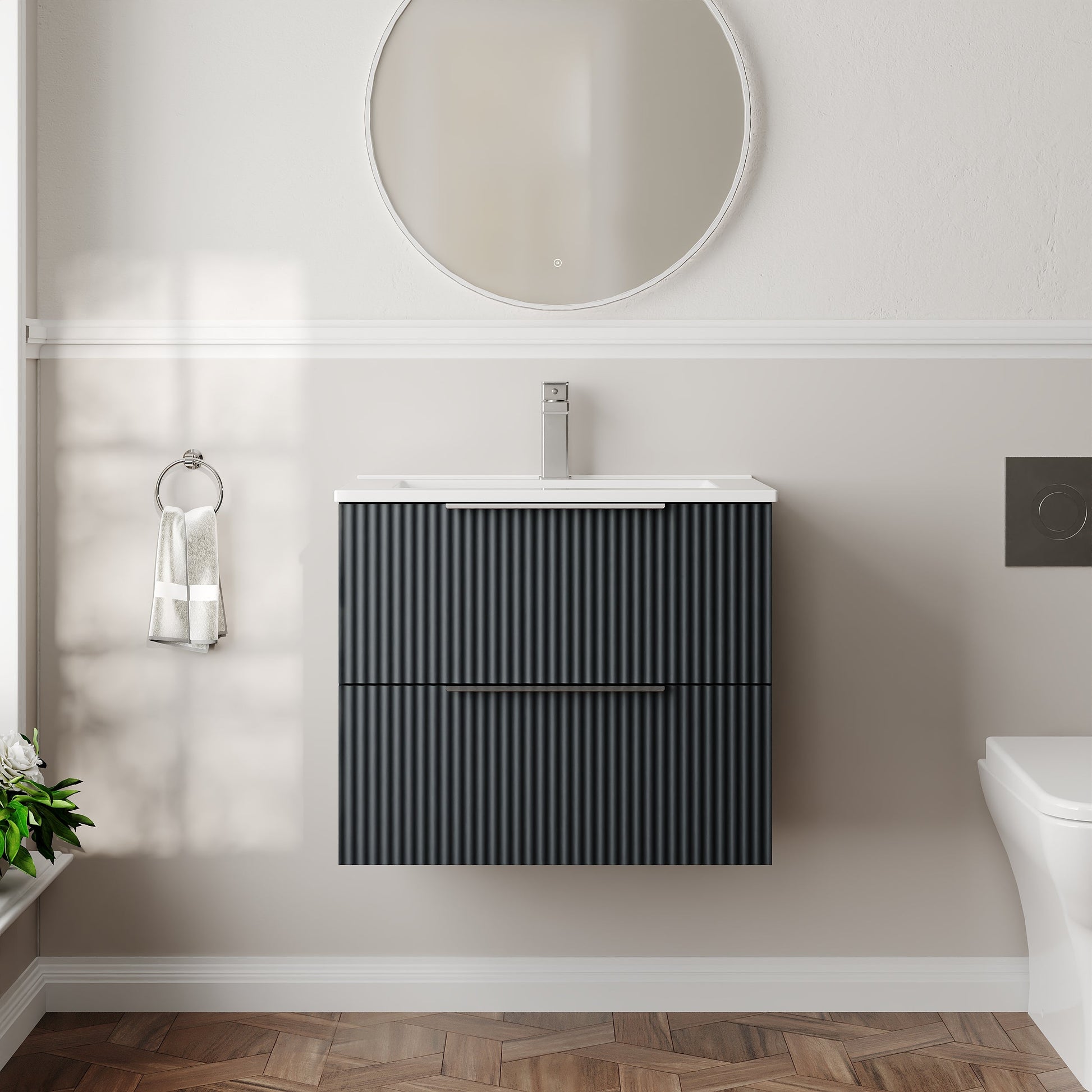 Hudson Reed Fluted 600mm Soft Black Wall Hung 2-Drawer Vanity Unit With Basin