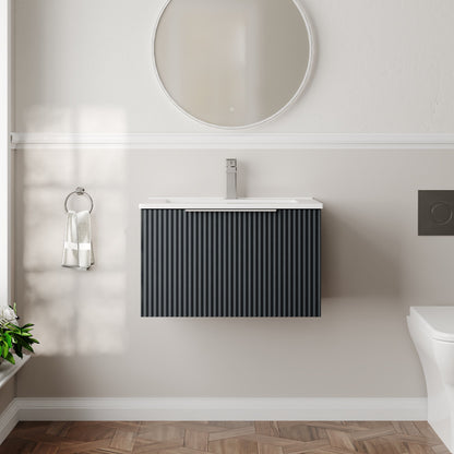 Hudson Reed Fluted 600mm Soft Black Wall Hung Single Drawer Vanity Unit With Ceramic Basin
