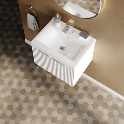 Hudson Reed Fluted 510mm Satin White Wall Hung Single Drawer Vanity Unit With Basin