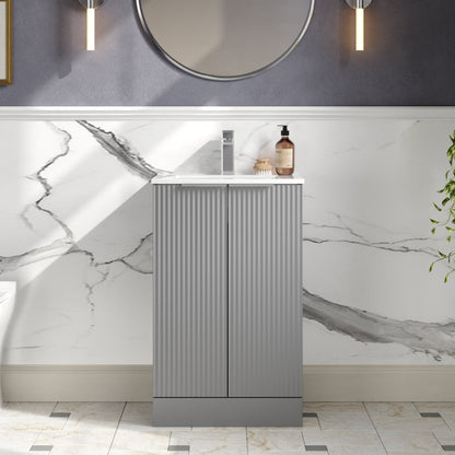 Hudson Reed Fluted 500mm Satin Grey Floor Standing 2-Door Vanity Unit With Basin