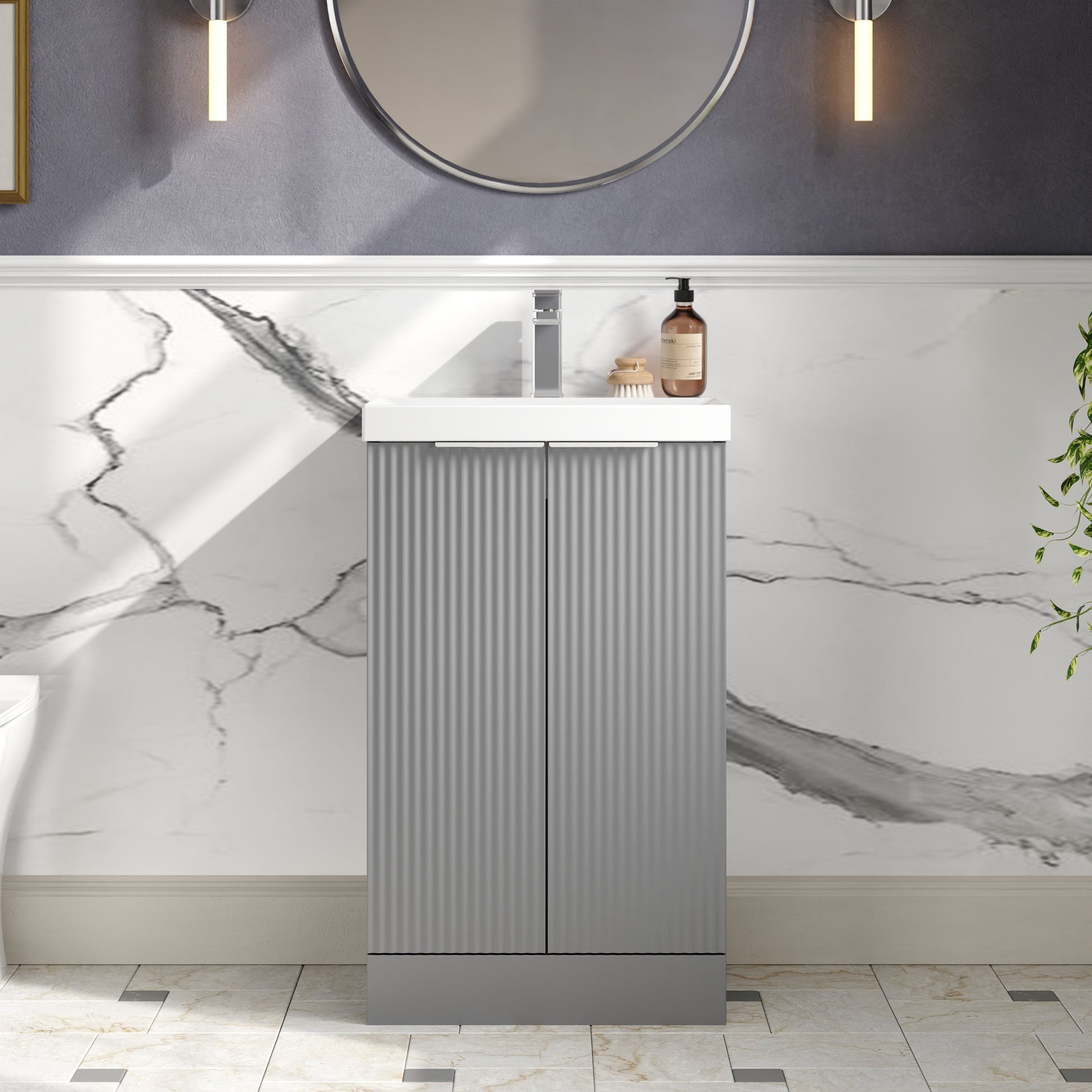 Hudson Reed Fluted 500mm Floor Standing 2-Door Vanity Unit with Basin