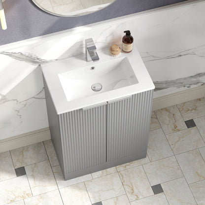 Hudson Reed Fluted 600mm Satin Grey Floor Standing 2-Door Vanity Unit With Basin
