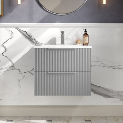 Hudson Reed Fluted 600mm Satin Grey Wall Hung 2-Drawer Vanity Unit Including Basin