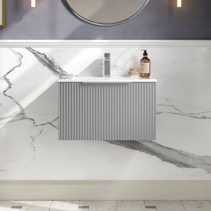 Hudson Reed Fluted 600mm Satin Grey Wall Hung Single Drawer Vanity Unit With Basin