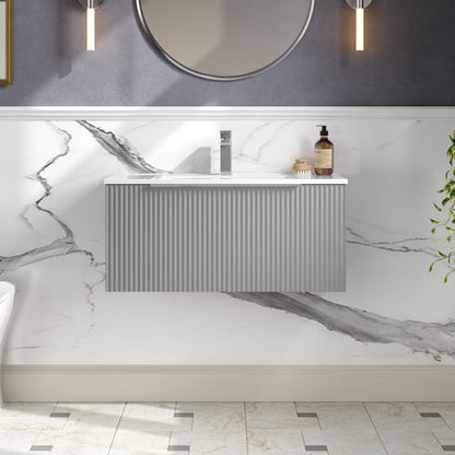 Hudson Reed Fluted 800mm Satin Grey Wall Hung Single Drawer Vanity Unit With Ceramic Basin