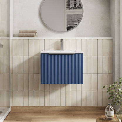 Hudson Reed Fluted 500mm Satin Blue Wall Hung Single Drawer Vanity Unit With Ceramic Basin