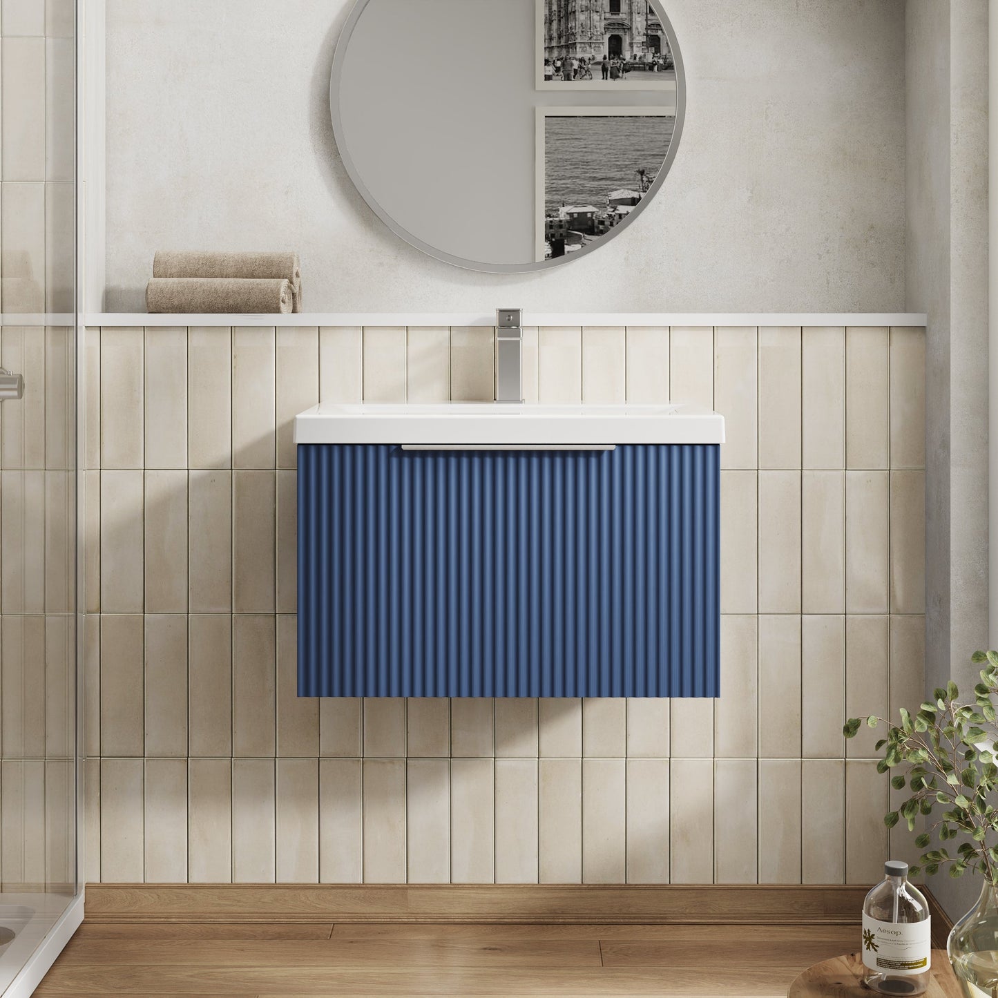 Hudson Reed Fluted Satin Blue 600mm Wall Hung Single Drawer Vanity Unit With Basin