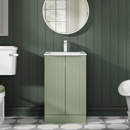 Hudson Reed Fluted 500mm Satin Green Floor Standing 2-Door Vanity Unit With Basin