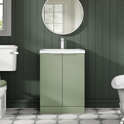 Hudson Reed Fluted 600mm Satin Green Floor Standing 2-Door Vanity Unit with Basin