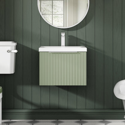 Hudson Reed Fluted 510mm Satin Green Wall Hung Single Drawer Vanity Unit With Basin