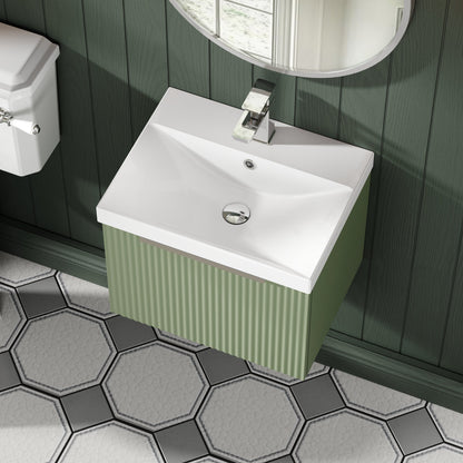 Hudson Reed Fluted 500mm Satin Green Wall Hung Single Drawer Vanity and Basin