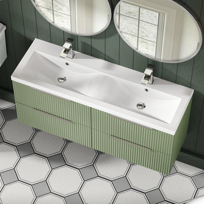 Hudson Reed Fluted 1200mm Satin Green Wall Hung 4-Drawer Vanity Unit with Double Basin
