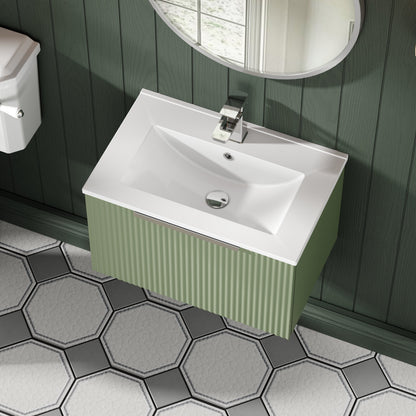 Hudson Reed Fluted 600mm Satin Green Wall Hung Single Drawer Vanity Unit With Basin