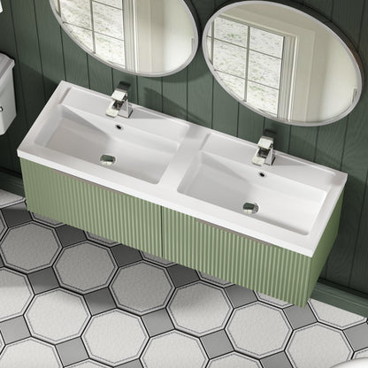 Hudson Reed Fluted 1205mm Satin Green Wall Hung 2-Drawer Vanity Unit With Double Polymarble Basin