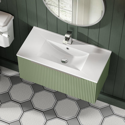 Hudson Reed Fluted 800mm Wall Hung Satin Green Single Drawer Vanity Unit With Basin