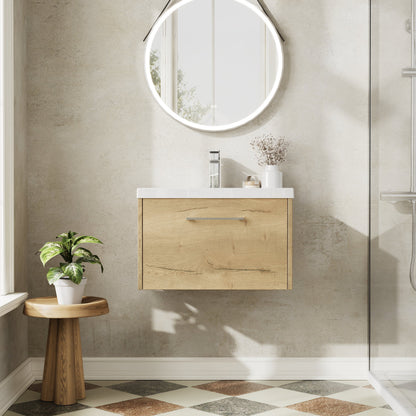 Hudson Reed Juno 600mm Autumn Oak Wall Hung Single Drawer Vanity Unit With 1 Tap Hole Basin
