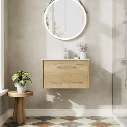 Hudson Reed Juno 600mm Autumn Oak Wall Hung Single Drawer Vanity Unit With 1 Tap Hole Basin