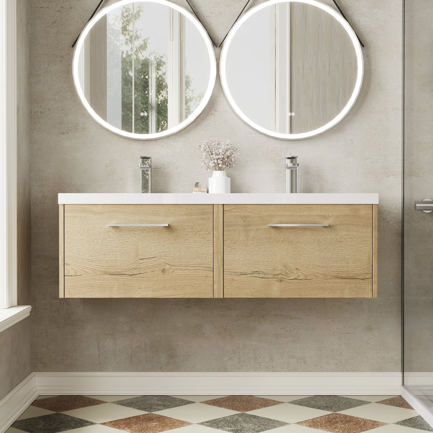Hudson Reed Juno 1200mm Autumn Oak Wall Hung 2-Drawer Vanity Unit with Double Basin