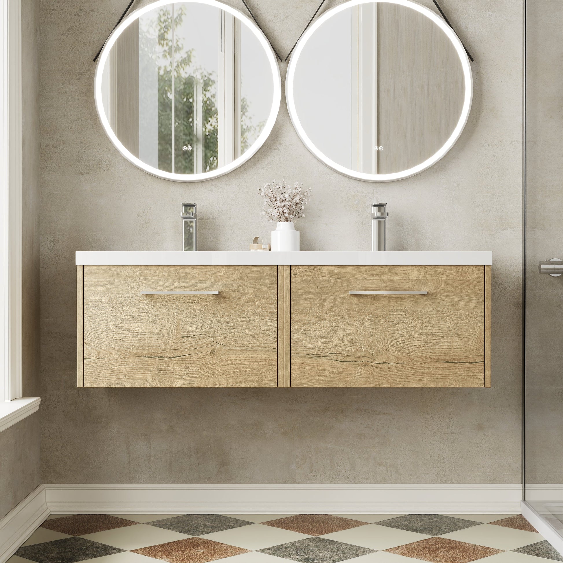 Hudson Reed Juno 1200mm Autumn Oak Wall Hung 2-Drawer Vanity Unit with Double Basin