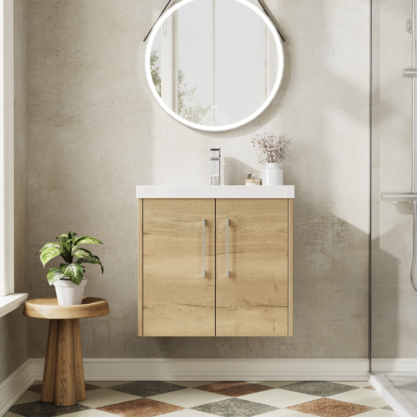 Hudson Reed Juno 600mm Wall Hung 2-Door Autumn Oak Vanity Unit with 1 Tap Hole Basin