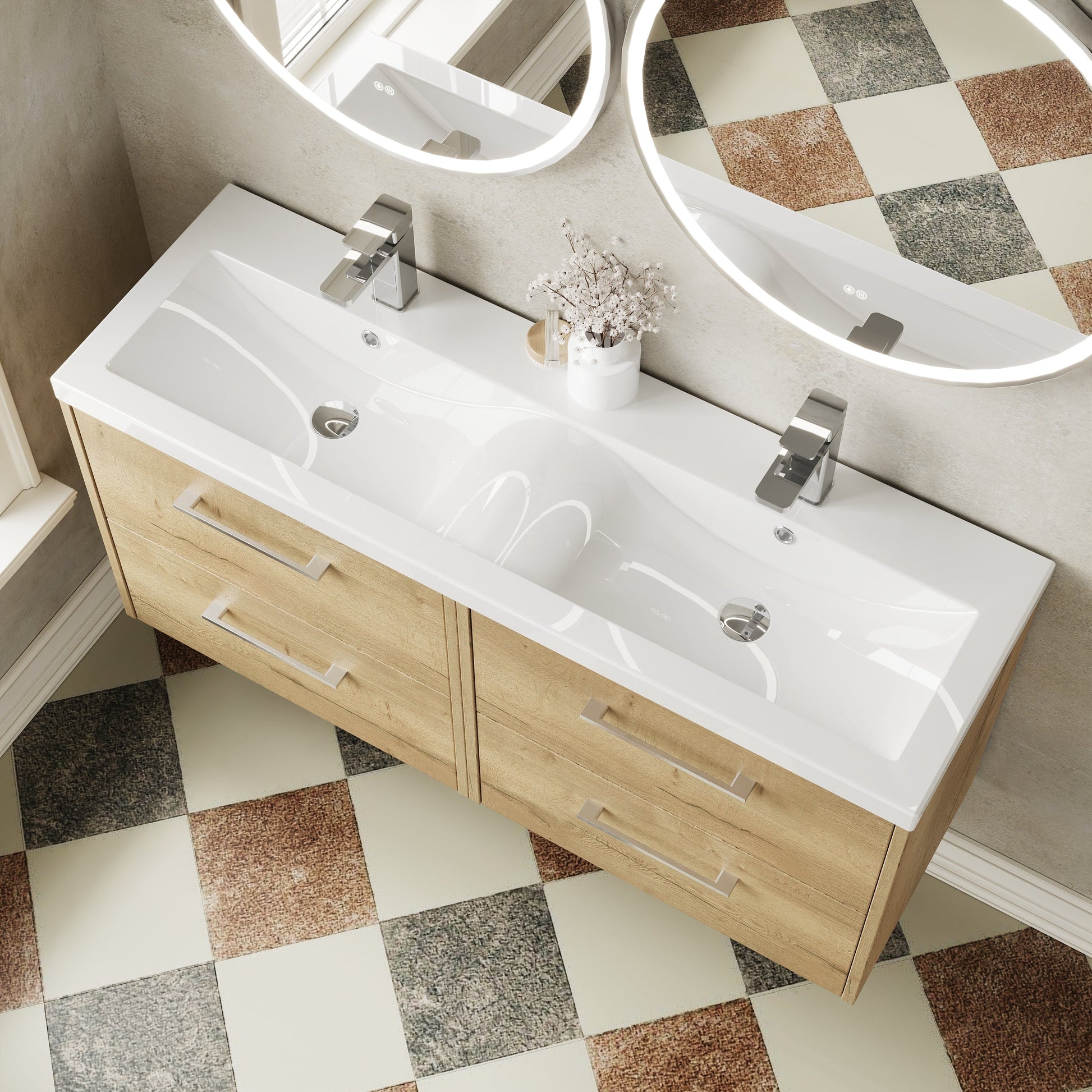 Hudson Reed Juno 1200mm Autumn Oak Wall Hung Vanity Unit Double Basin with Soft-Close Doors