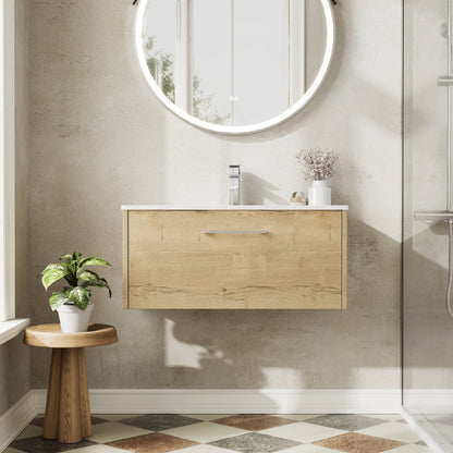 Hudson Reed Juno 800mm Autumn Oak Wall Hung Single Drawer Vanity Unit with Basin