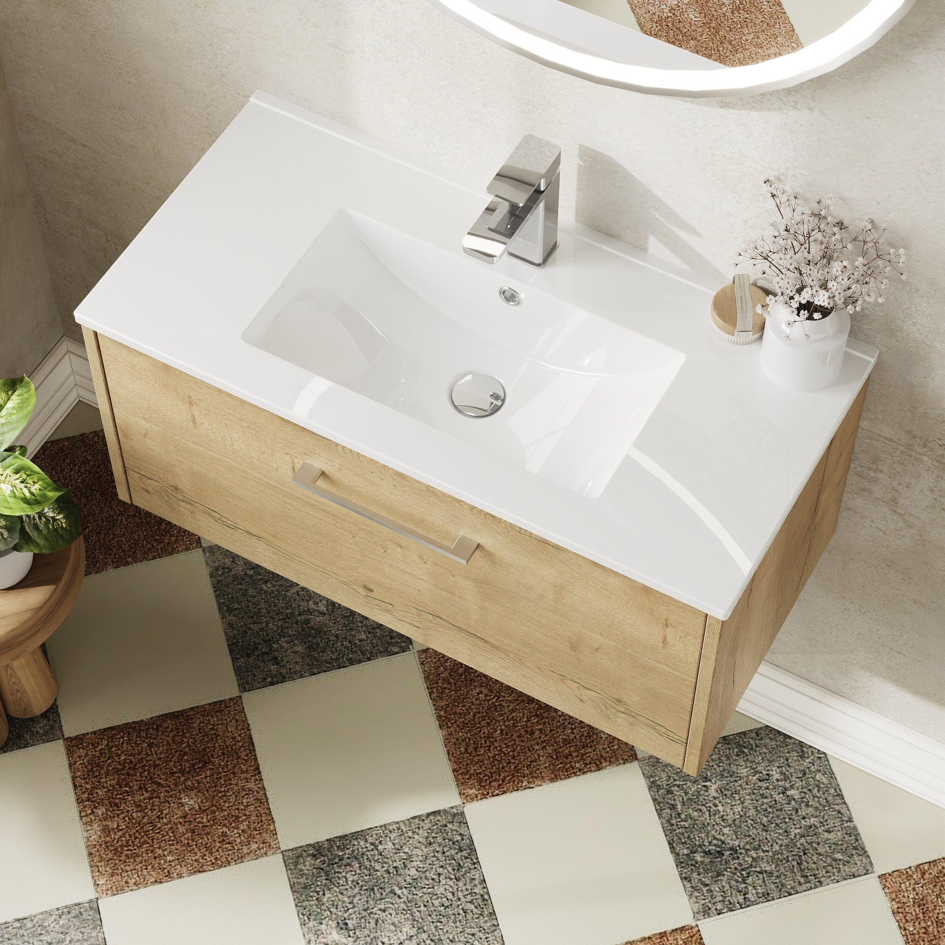 Hudson Reed Juno 800mm Autumn Oak Wall Hung Single Drawer Vanity Unit with Basin
