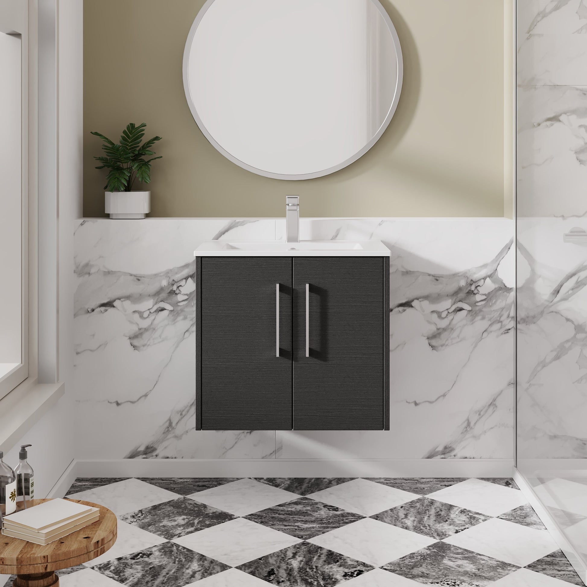 Hudson Reed Juno 600mm Wall Hung Graphite Grey Woodgrain 2-Door Vanity Unit With 1 Tap Hole Basin