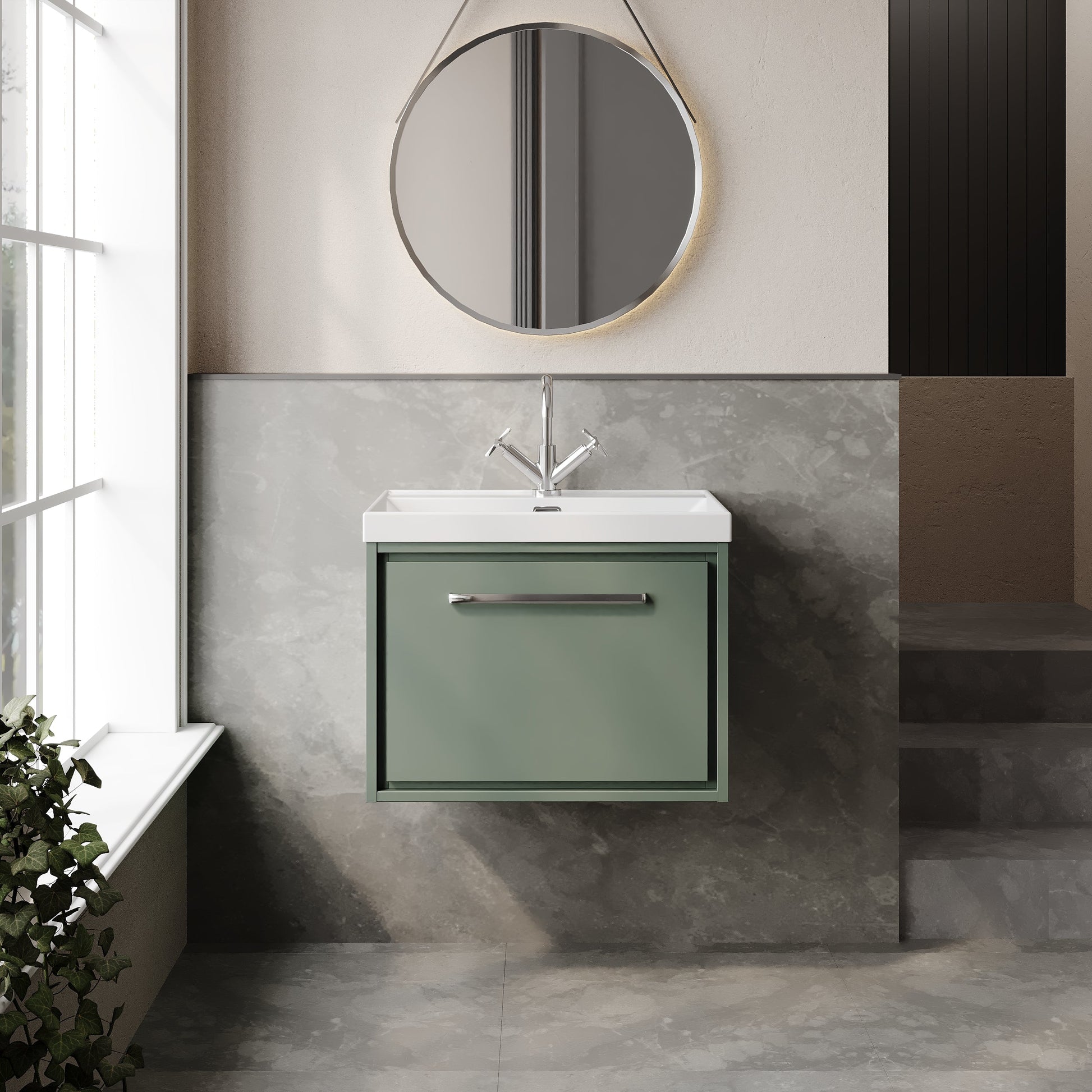 Hudson Reed Lille 600mm Fern Green Wall Hung Single Drawer Vanity Unit With Basin