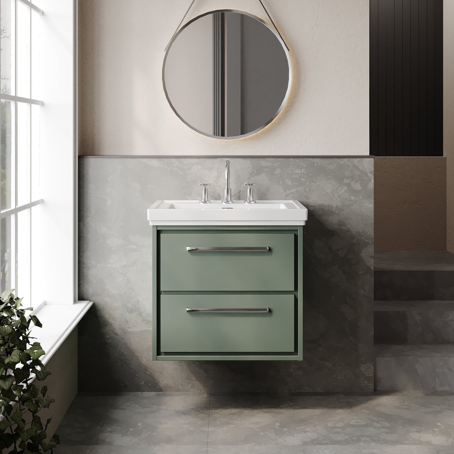 Hudson Reed Lille 600mm Fern Green Wall Hung 2-Drawer Vanity Unit with 3 Tap Hole Basin