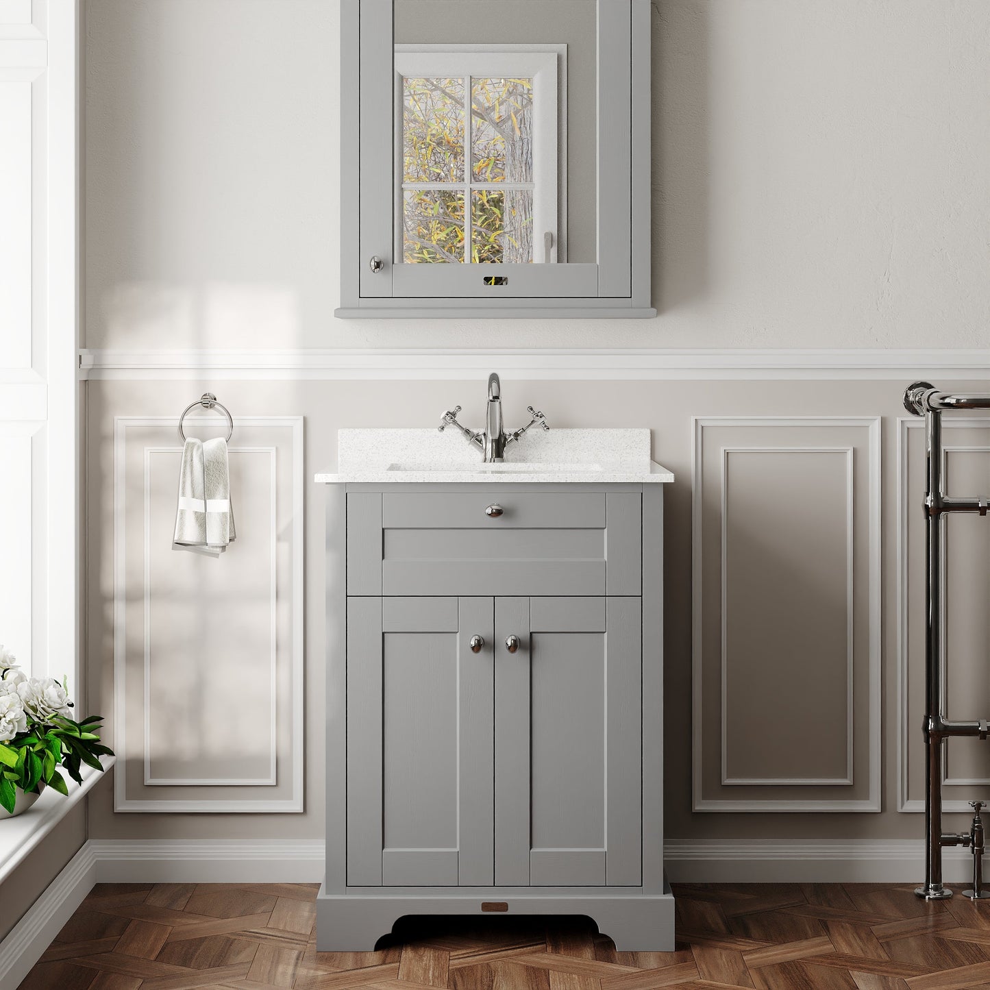 Hudson Reed Old London 600mm Storm Grey Floor Standing 2 Door Vanity Basin Unit With Square Basin, 1 Tap Hole & Marble Top