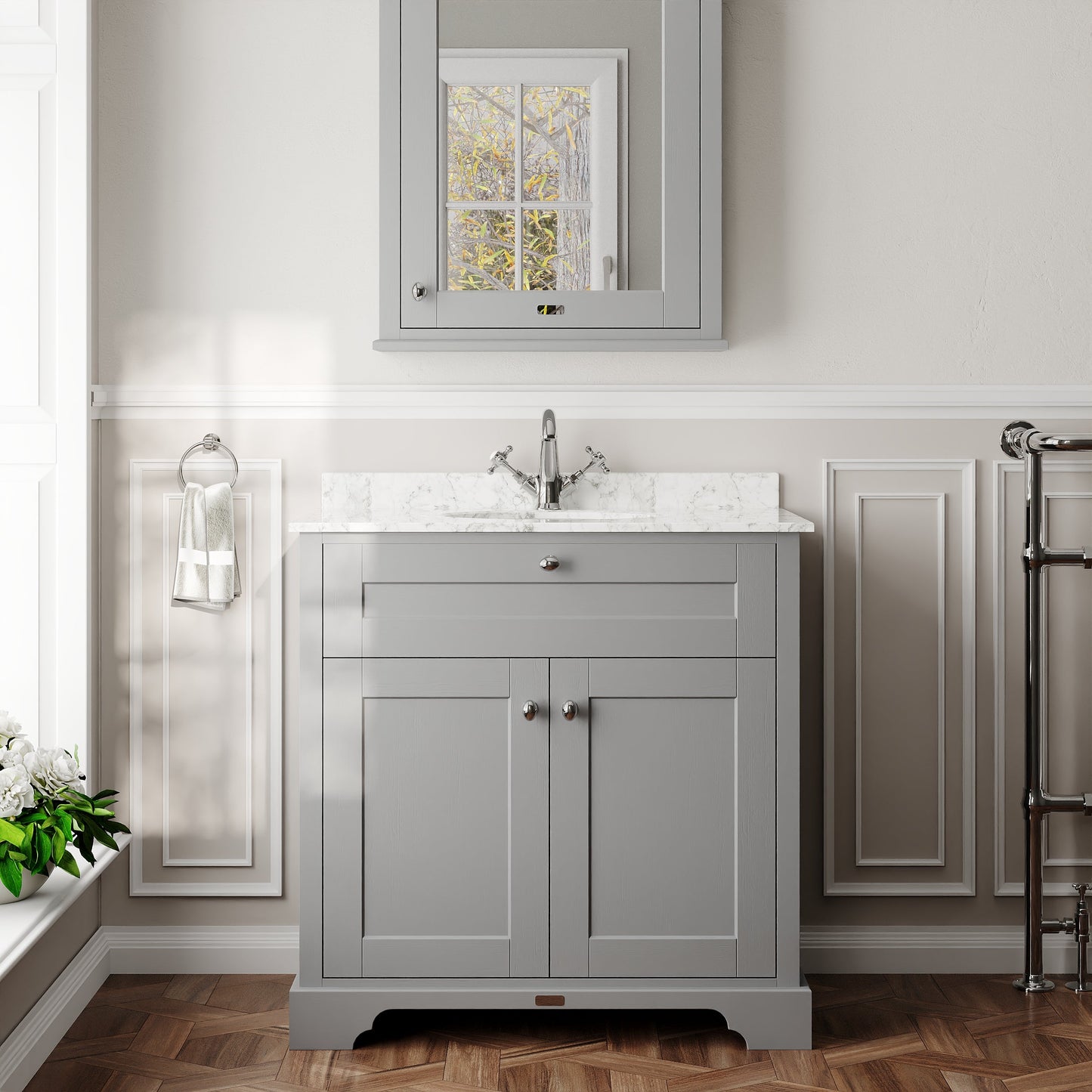 Hudson Reed Old London 800mm Floor Standing 2 Door Vanity Unit with 1 Tap Hole Grey Marble Top Basin