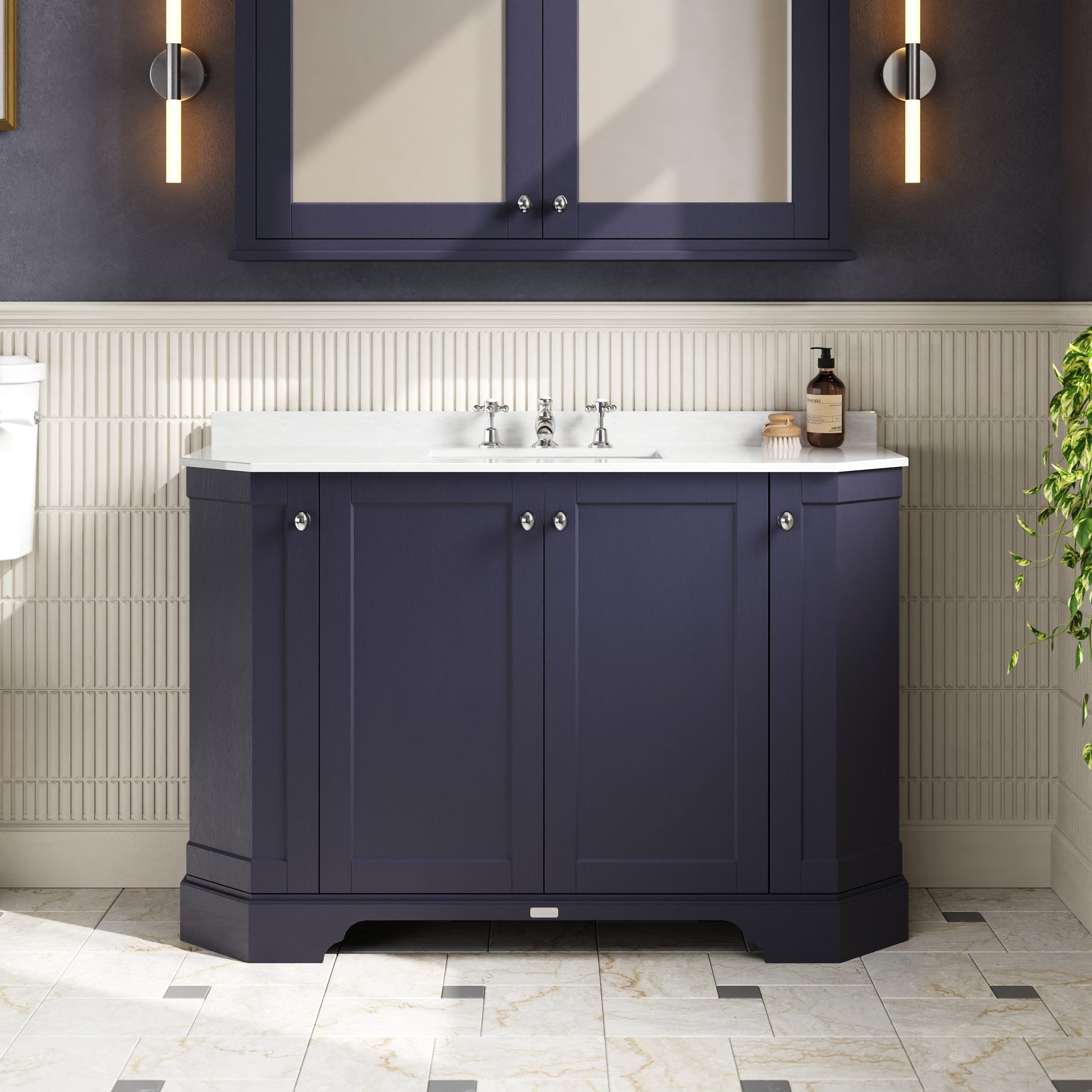 Hudson Reed Old London 1236mm Twilight Blue Floor Standing 4 Door Vanity Unit with 3 Tap Hole White Marble Top Basin