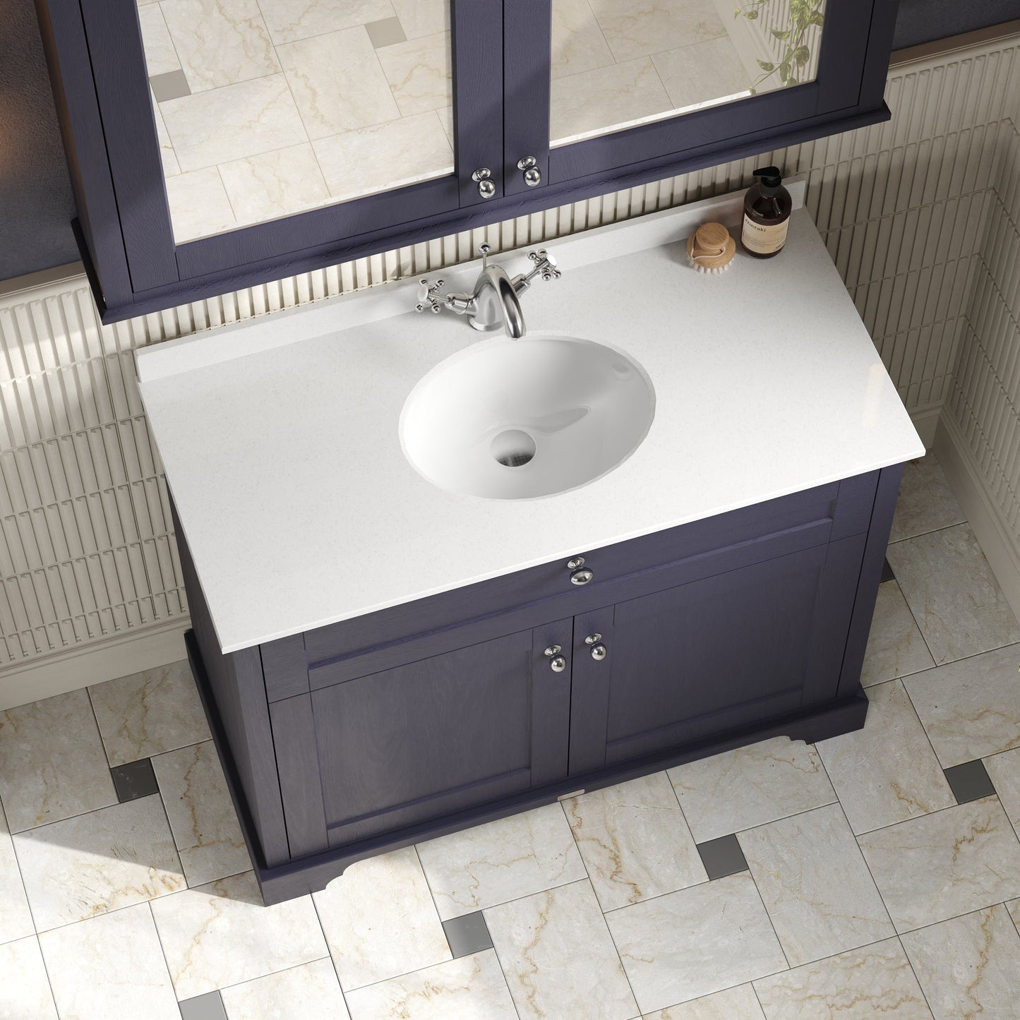 Hudson Reed Old London 1020mm Twilight Blue Floor Standing 2 Door Vanity Unit with 1 Tap Hole White Marble Top Basin