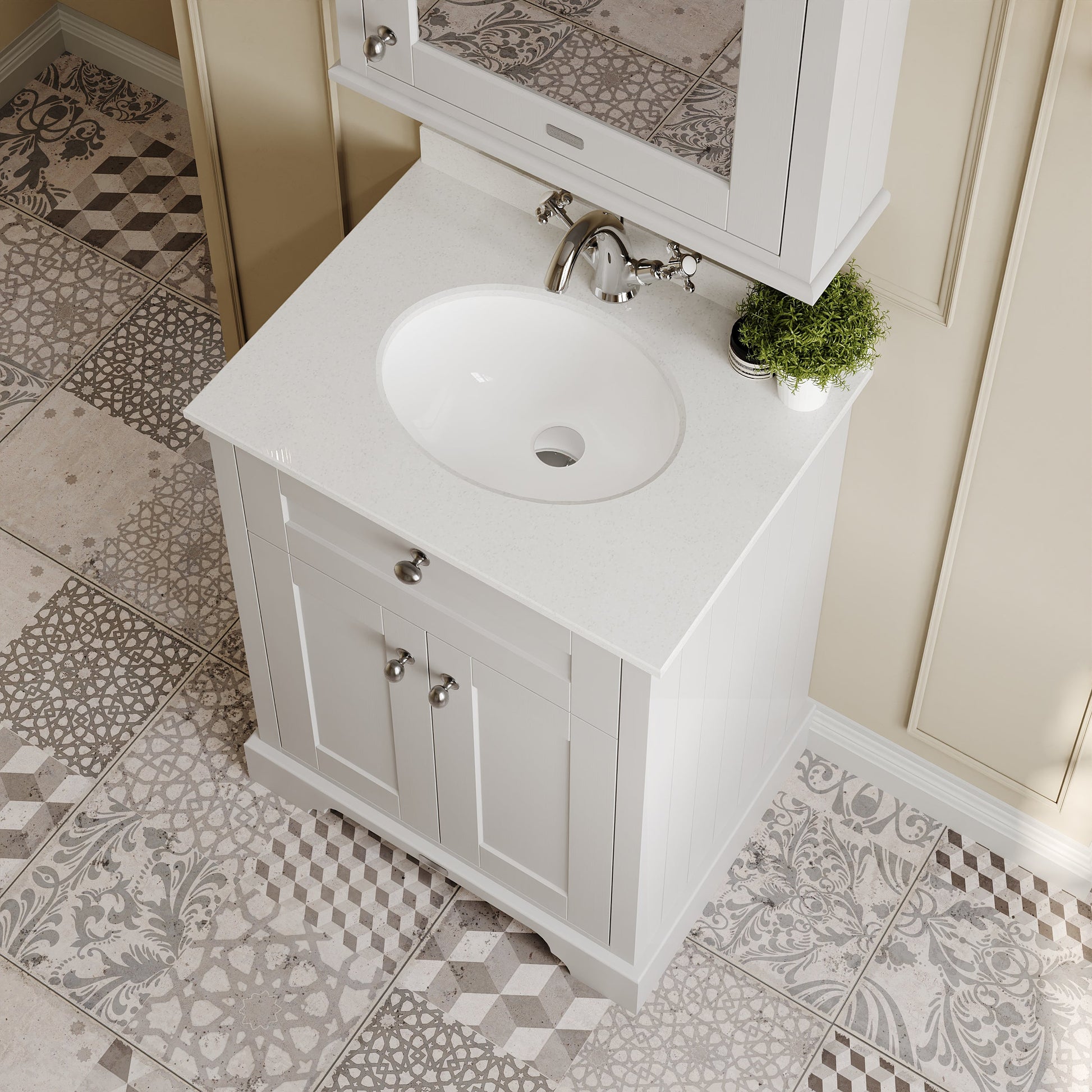 Hudson Reed Old London 620mm Timeless Sand Floor Standing 2 Door Vanity Unit With 1 Tap Hole White Marble Top Basin