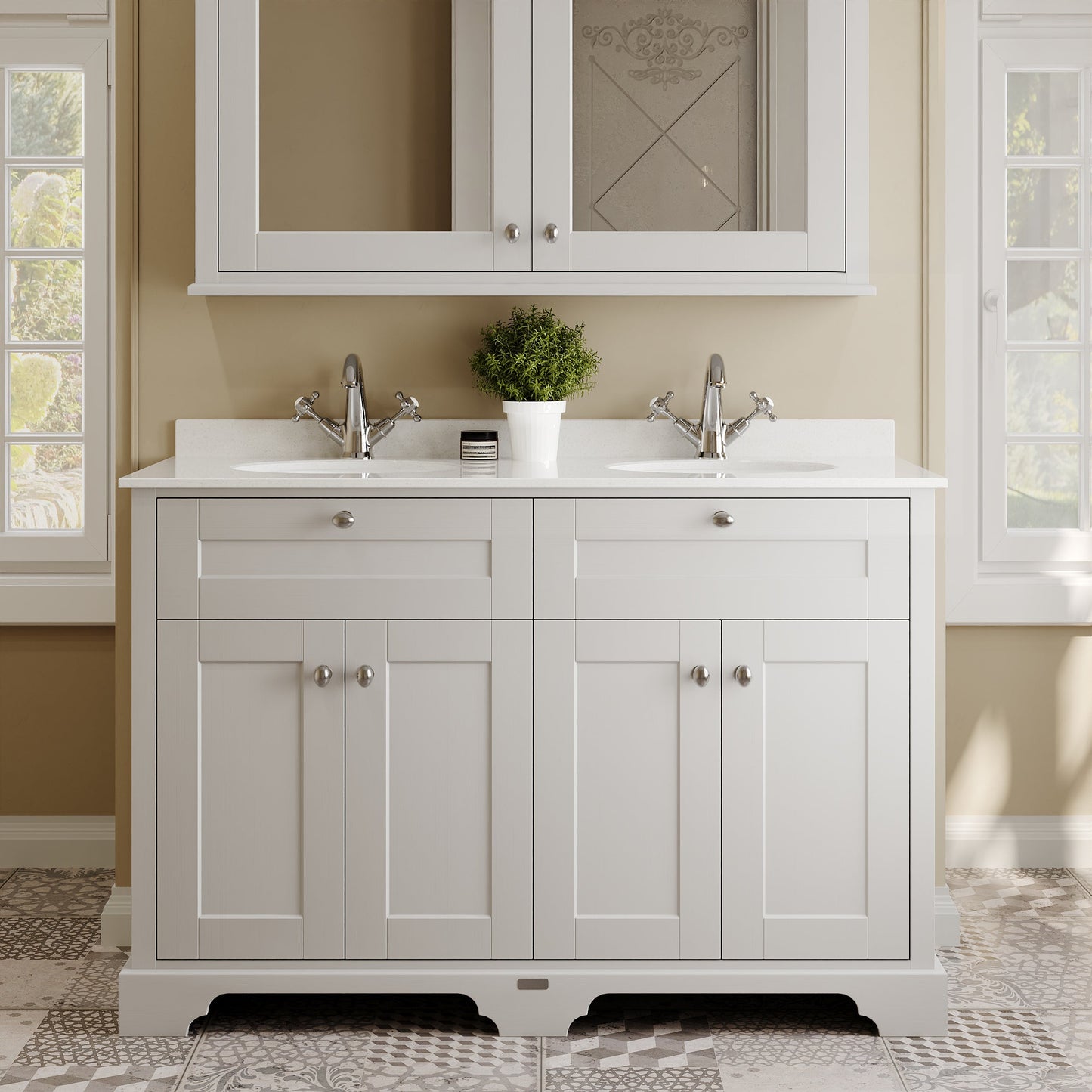 Hudson Reed Old London 1200mm Timeless Sand Floor Standing 4 Door Vanity Unit With White Marble Top Double Basin
