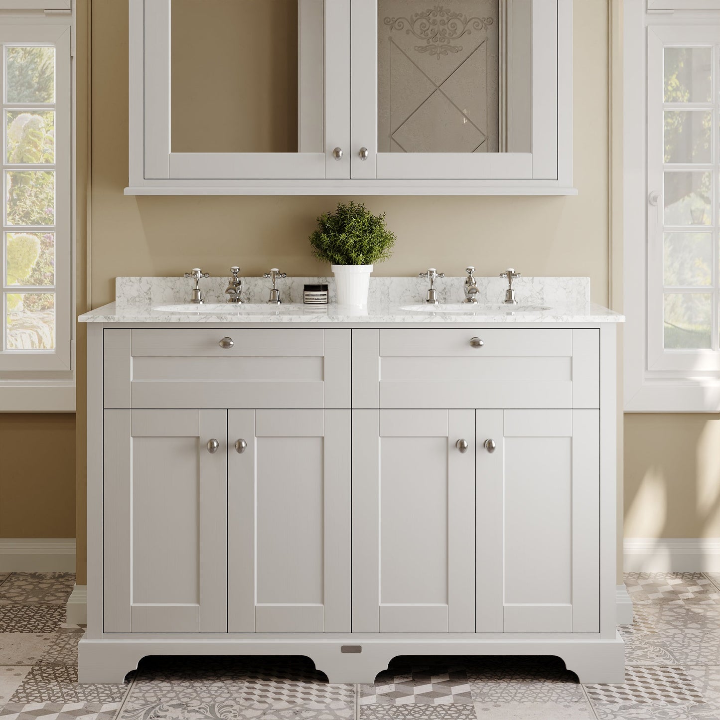 Hudson Reed Old London 1220mm Floor Standing 4 Door Double Basin Vanity Unit with Grey Marble Top
