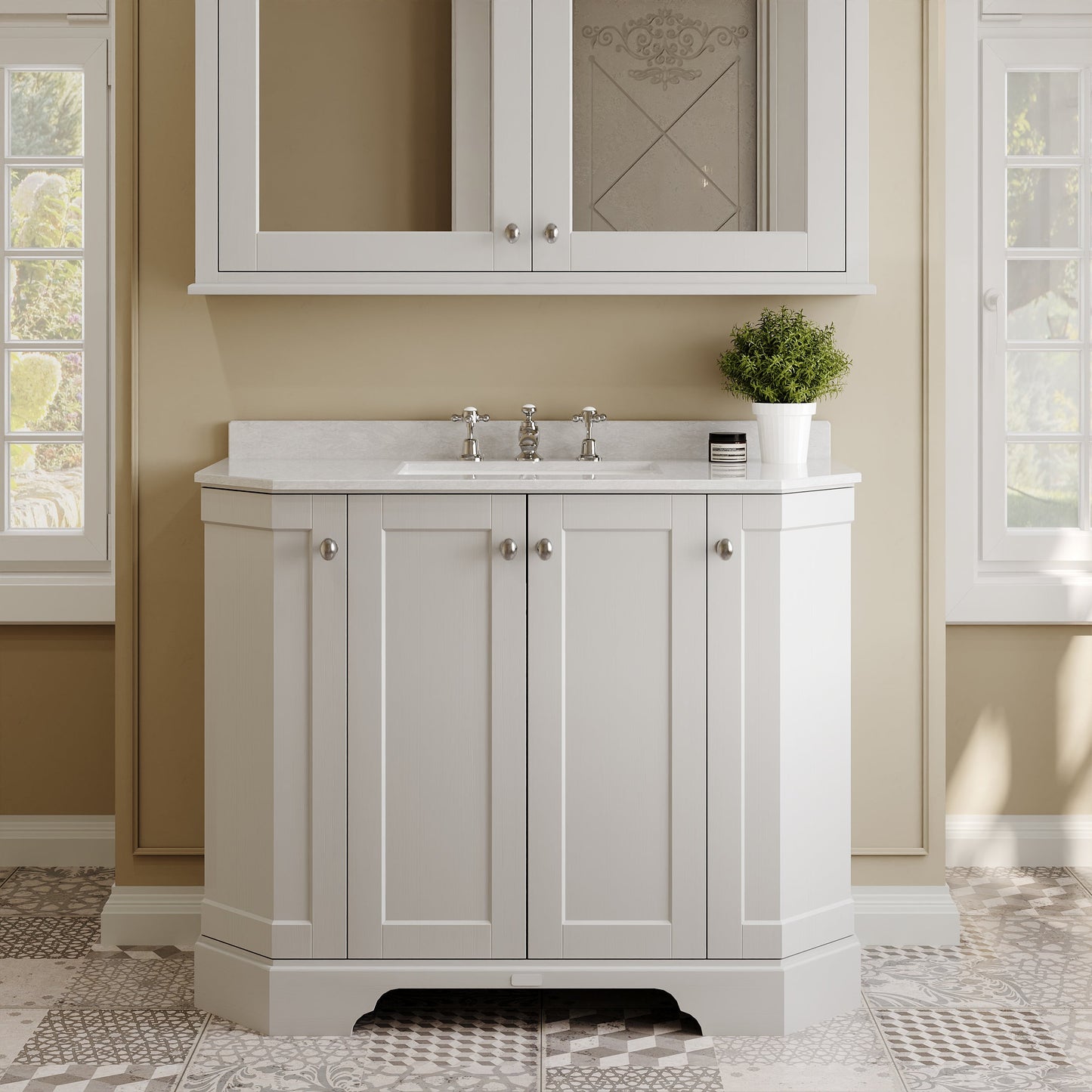 Hudson Reed Old London 1000mm Timeless Sand Floor Standing 4 Door Vanity Unit With White Marble Top & 3 Tap Hole Basin