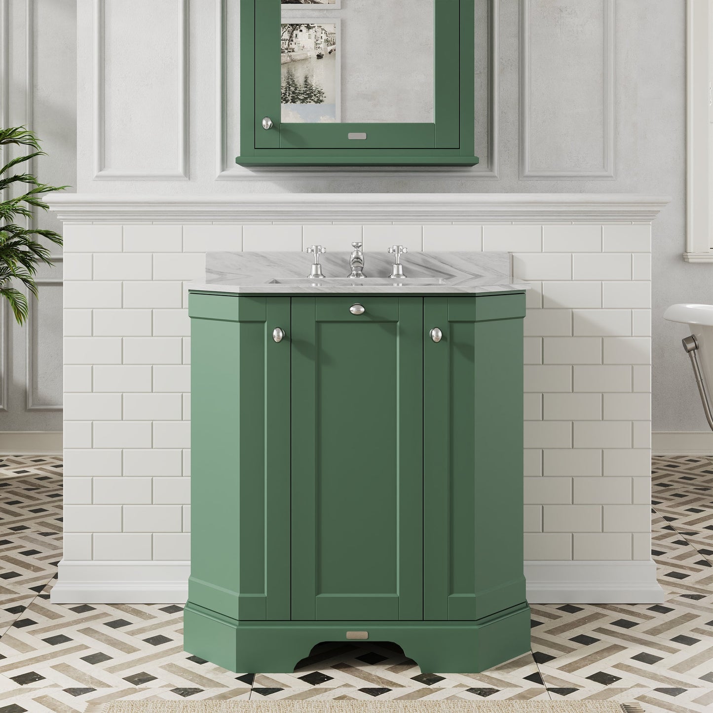 Hudson Reed Old London 786mm Hunter Green 3 Door Vanity Unit with 3 Tap Hole Grey Marble Top Basin