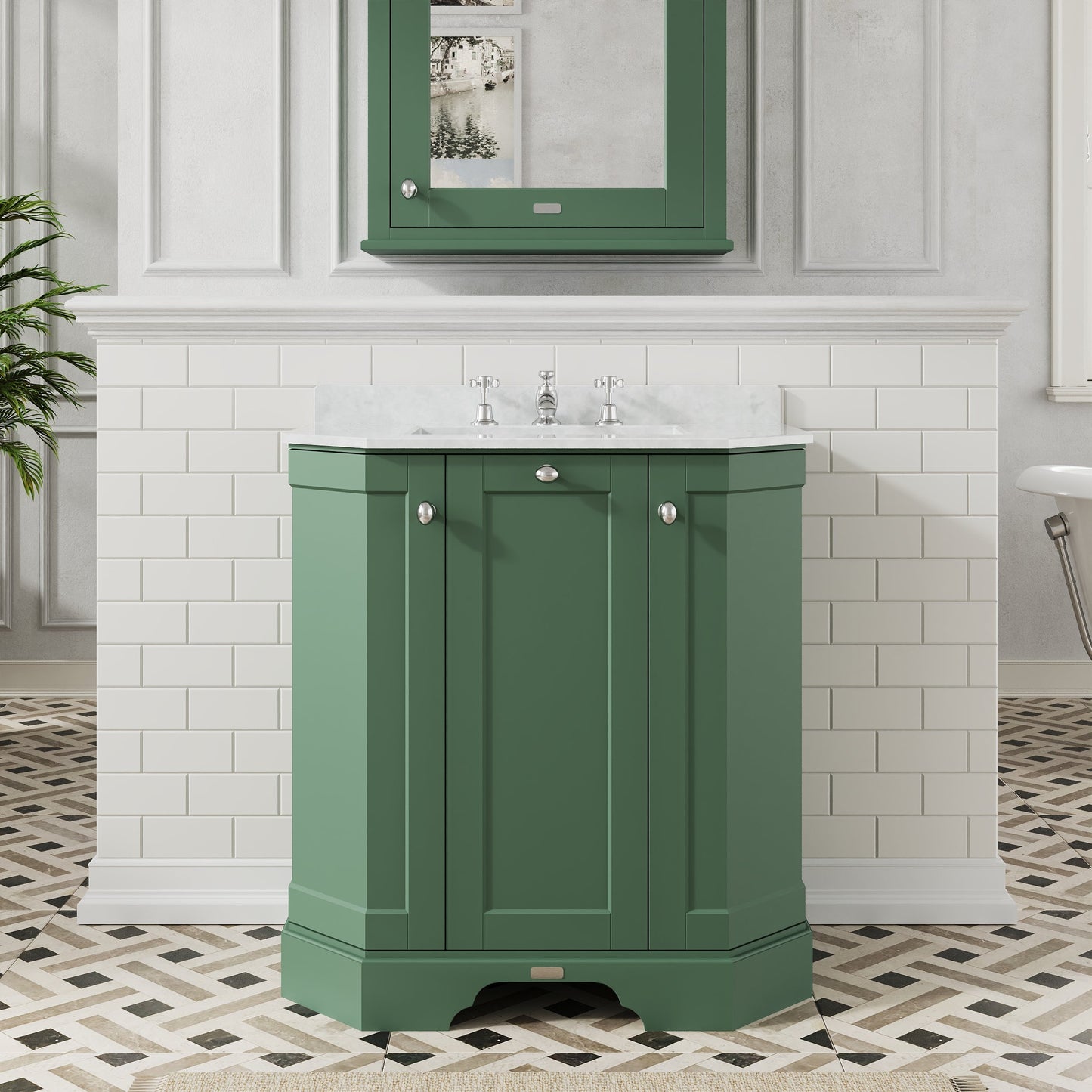 Hudson Reed Old London 750mm Hunter Green Floor 3 Door Vanity Unit with 3 Tap Hole White Marble Top Basin