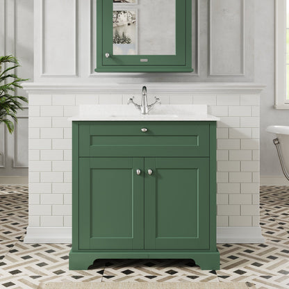 Hudson Reed Old London 800mm Hunter Green Floor Standing 2 Door Vanity Basin Unit with White Marble Top Basin