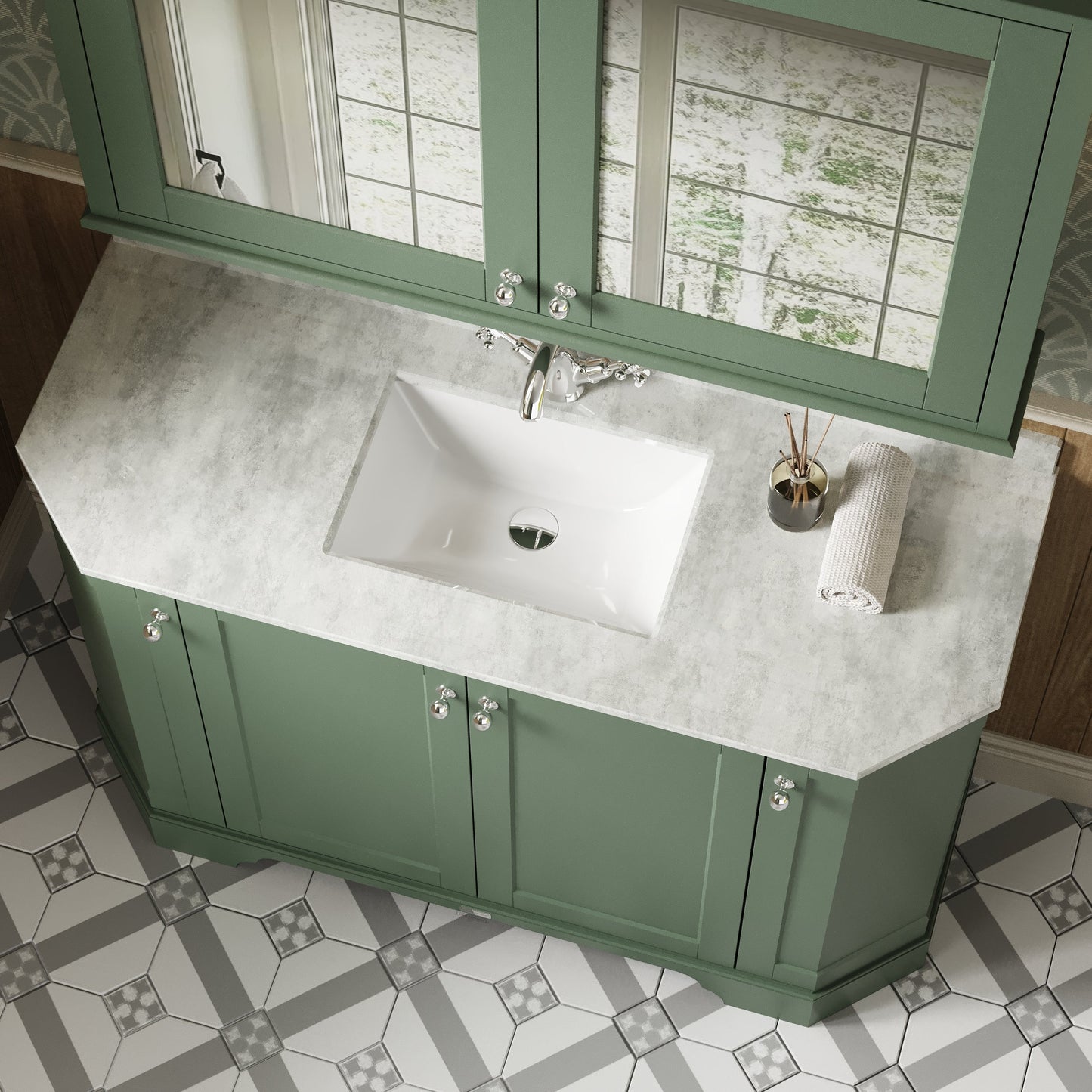 Hudson Reed Old London 1236mm Hunter Green Floor Standing 4 Door Vanity Unit With White Marble Top Basin