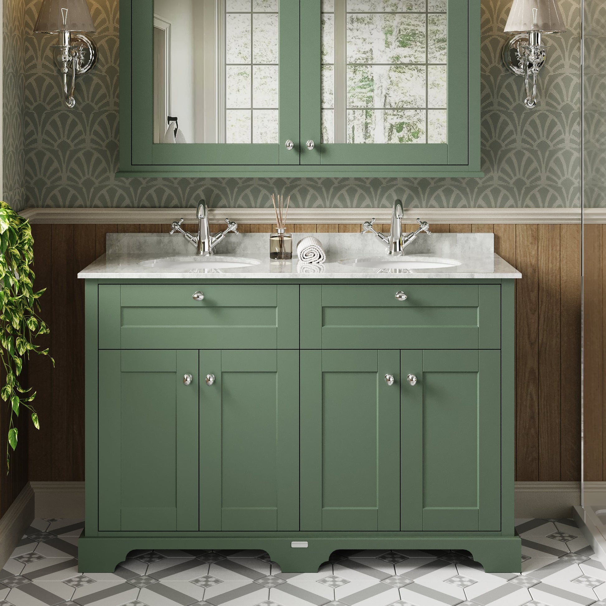 Hudson Reed Old London 1220mm Hunter Green Floor Standing Double Basin Vanity Unit With White Marble Top