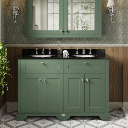 Hudson Reed Old London 1200mm Hunter Green Floor Standing Vanity Unit With Black Marble Top Double Basin