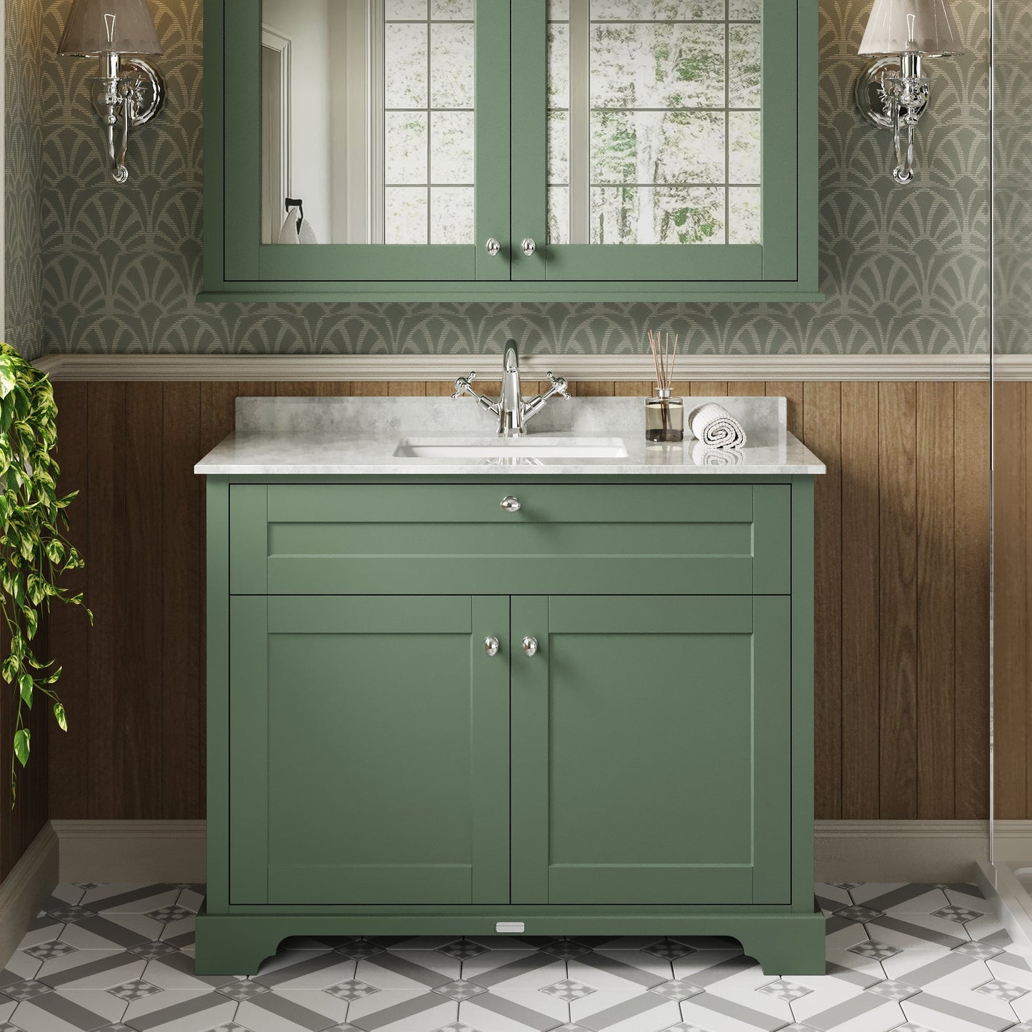Hudson Reed Old London 1055mm Floor Standing Vanity Unit With White Marble Top Square Basin